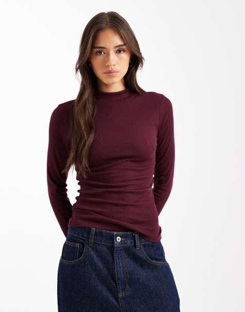 New Look ribbed stand neck long sleeve top in burgundy