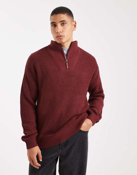 New Look fisherman knit 1/4 zip jumper in burgundy