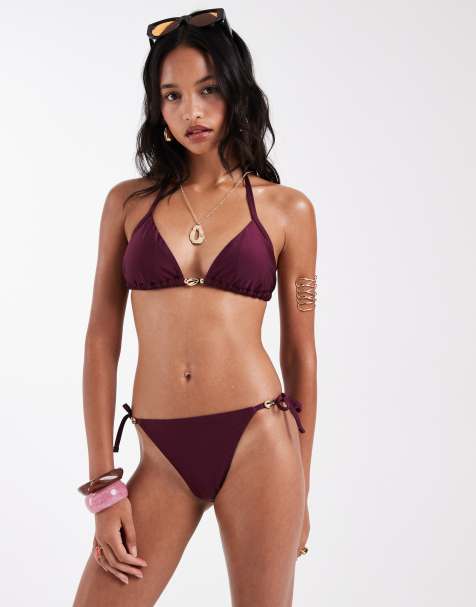 New Look – Bordowy wiązany po bokach dół od bikini z muszelkowym wykończeniem - view 1