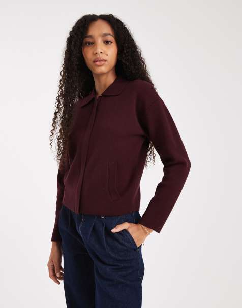 New Look zip through collared cardigan in burgundy