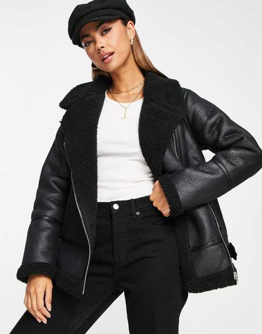 Topshop Tall faux leather shearling aviator biker jacket in black -  ShopStyle