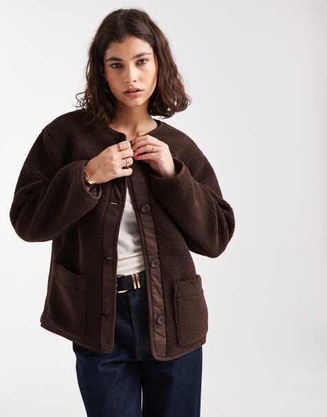 New Look borg button through jacket in brown - view 1