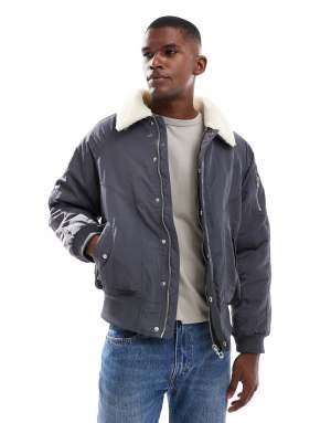 New Look borg collar MA1 bomber jacket in light grey