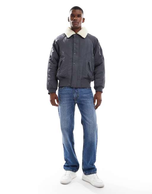New Look borg collar MA1 bomber jacket in light grey, 2 of 5