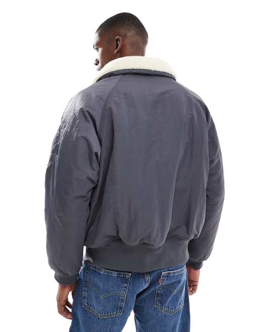 New Look borg collar MA1 bomber jacket in light grey, 3 of 5