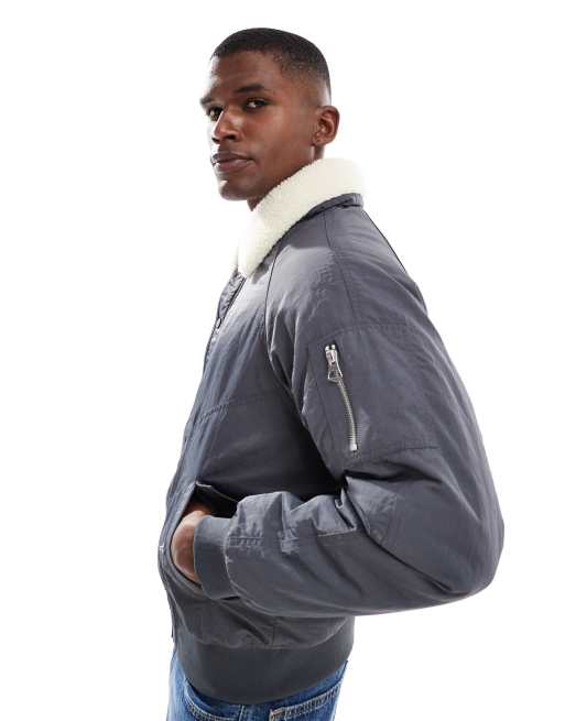 New Look borg collar MA1 bomber jacket in light grey, 4 of 5