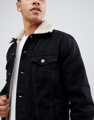 new look borg lined denim jacket in washed black
