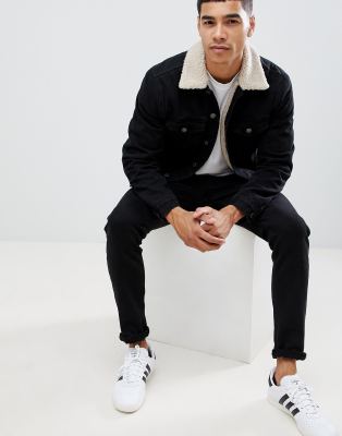 borg lined denim jacket in black