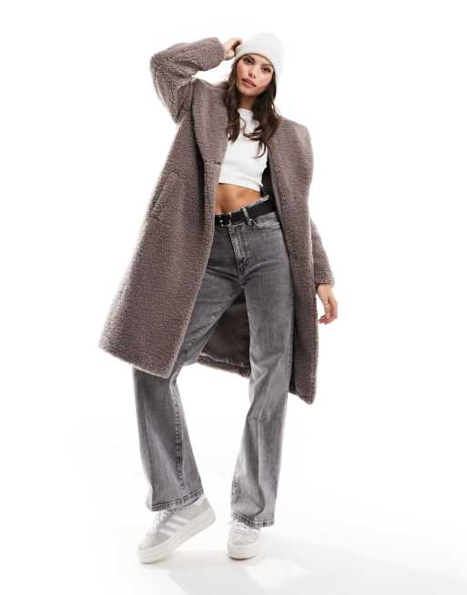 New Look borg longline coat in grey ASOS