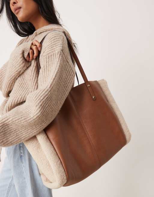 New Look borg side tote bag in tan ASOS