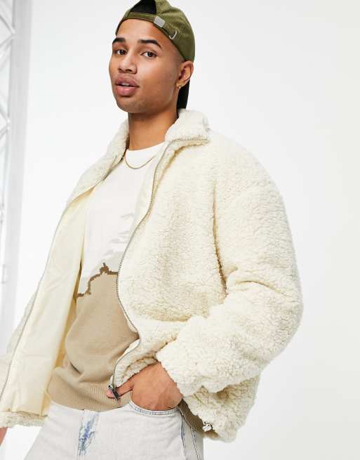 New Look borg zip through jacket in off white