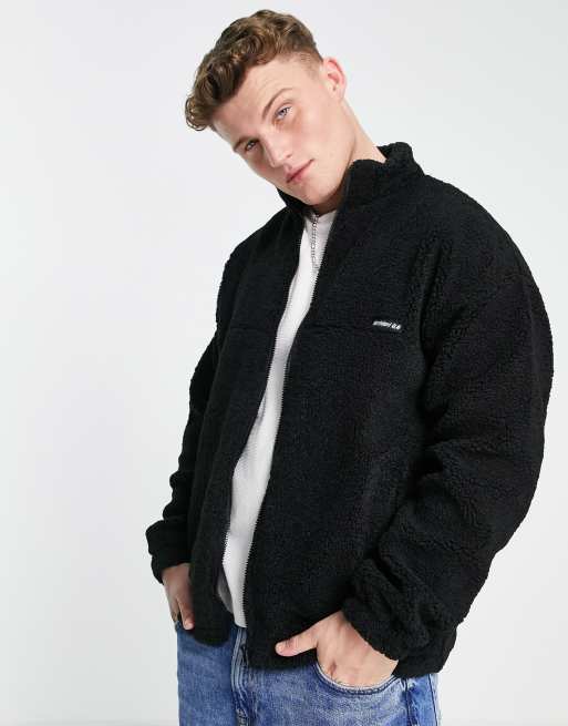 New Look borg zip through jacket with badge in black ASOS