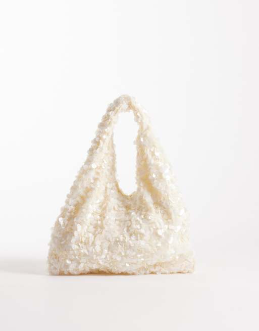 New Look - Borsa a mano color crema con paillettes
