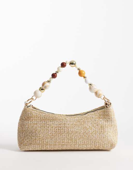 New Look - Borsa da spalla con manico in rafia color pietra con perline