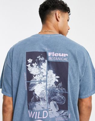 New Look botanical backprint t-shirt in mid blue