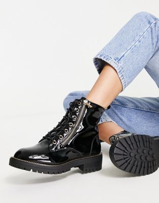 New Look flat lace up boot in black patent - ASOS Price Checker