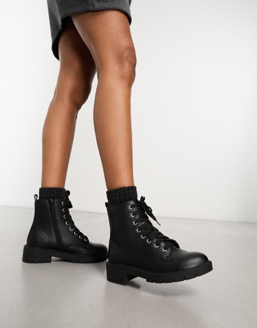 New Look Bottines larges lacets en PU coutures contrastantes Noir