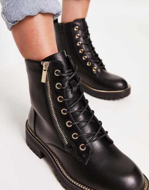 New Look - Bottines plates à lacets et détail zippé - Noir, 3 de 4