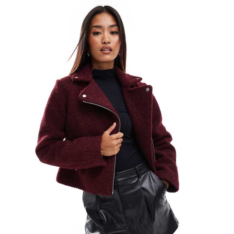 New Look boucle biker jacket in burgandy ASOS