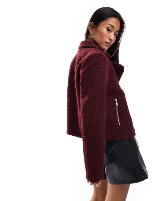 New Look boucle biker jacket in burgandy ASOS