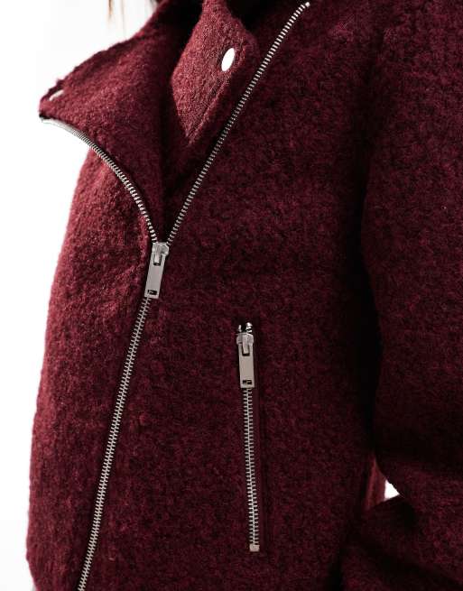 New Look boucle biker jacket in burgundy, 3 of 4