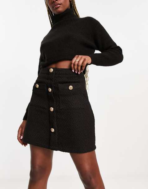 New Look boucle button front mini skirt in black - view 1
