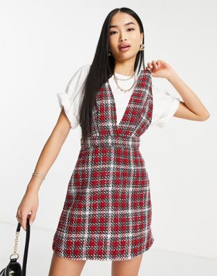 New Look boucle check v neck pinny dress in burgundy | ASOS