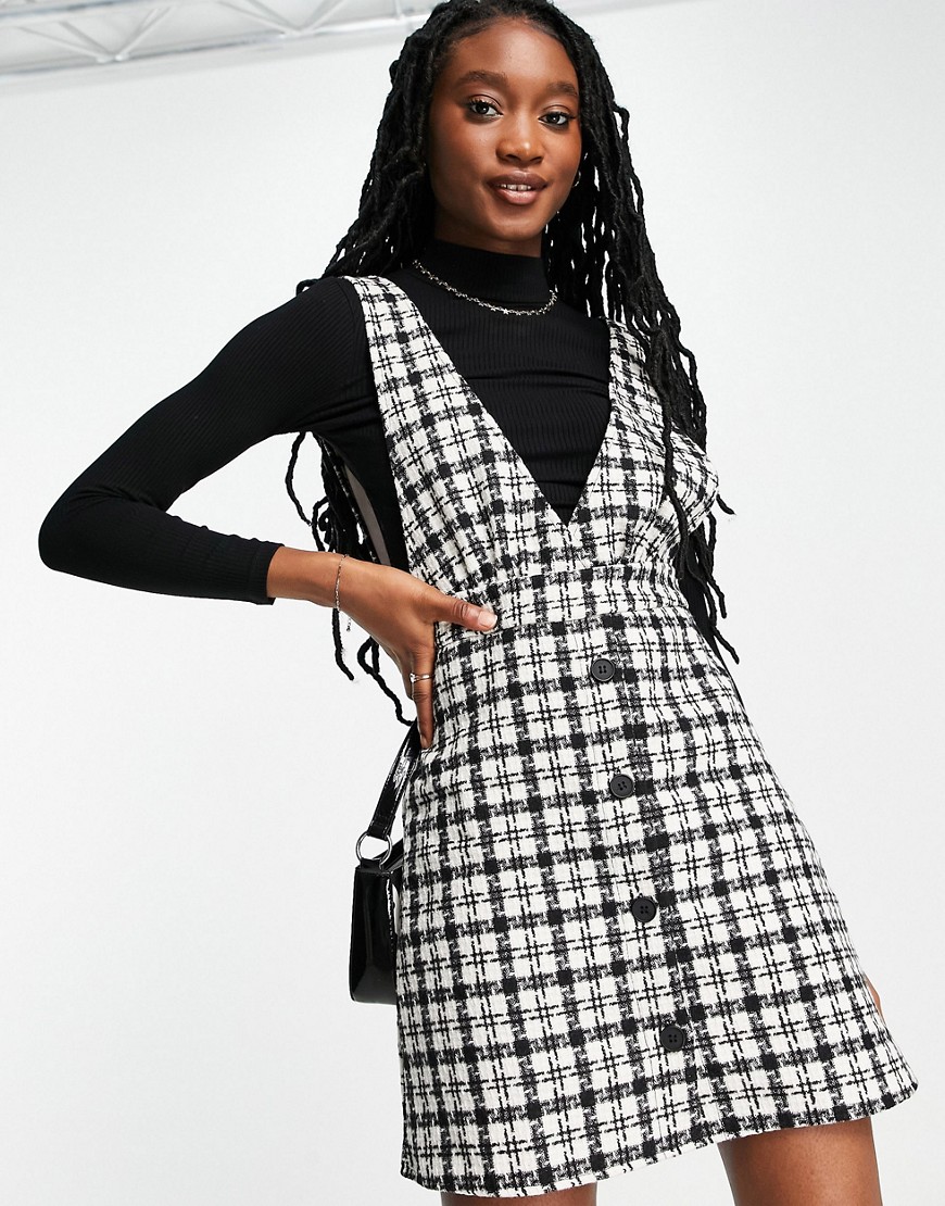 New Look boucle plaid v neck pinny dress in black