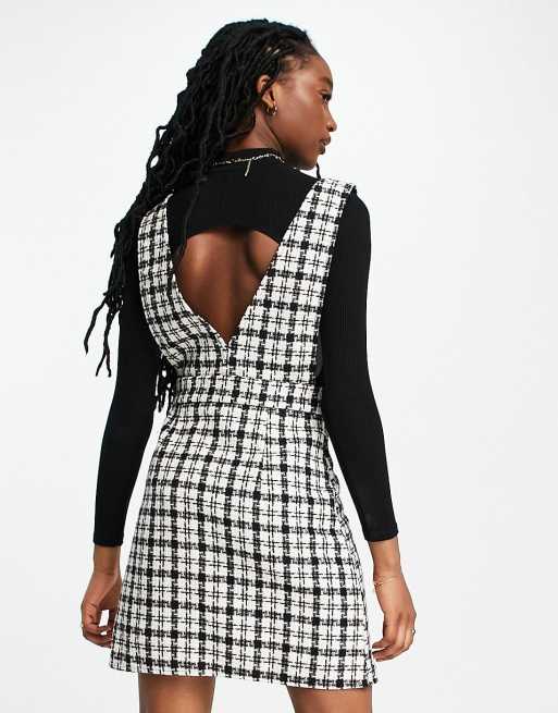 New Look boucle plaid v neck pinny dress in black | ASOS