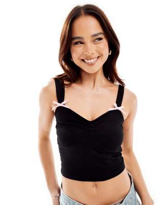 New Look New Look bow detail ruched front top in black