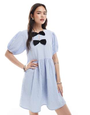 New Look New Look bow front mini dress in light blue