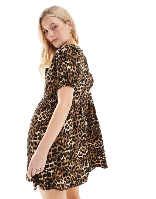 New Look bow front mini smock dress in leopard print ASOS