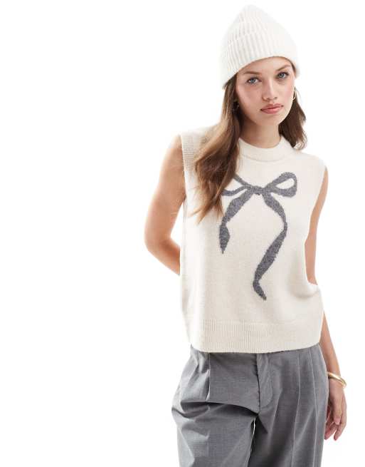New Look bow knitted singlet in cream, 4 of 4