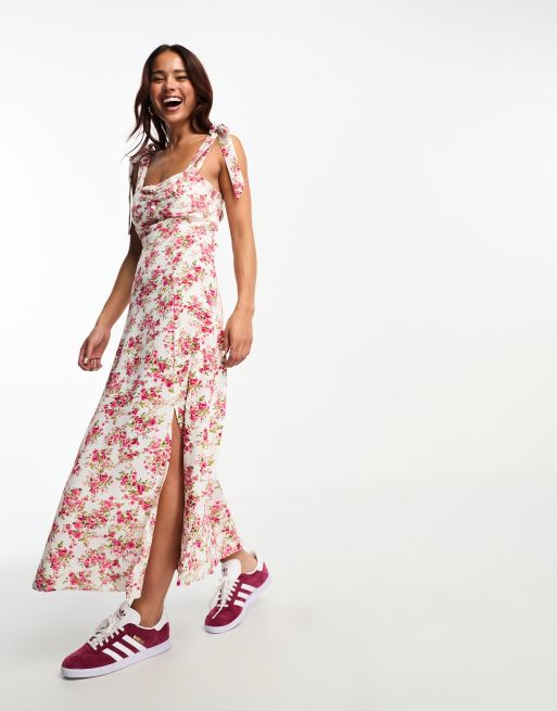 New Look bow shoulder split hem midi dress in white floral
