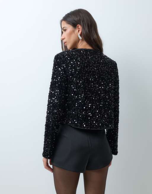 New Look bow tie sequin top co-ord in black, 5 of 5