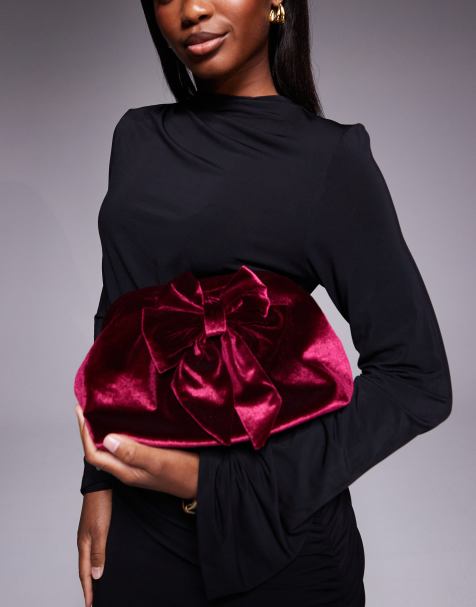 New Look bow velvet clutch bag in dark burgundy - view 1