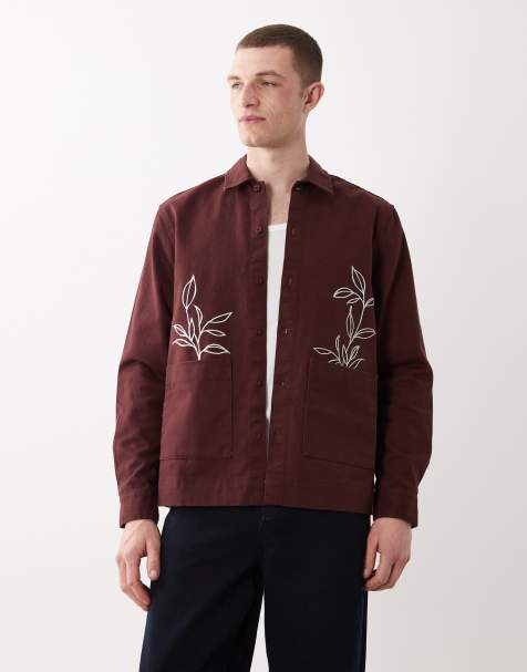New Look boxy fit embroidered overshirt in burgundy