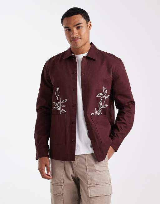 New Look boxy fit embroidered overshirt in dark brown
