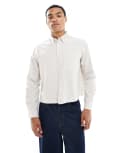 [New Look] New Look boxy oxford shirt in brown pinstripe S 29-Brown Pattern