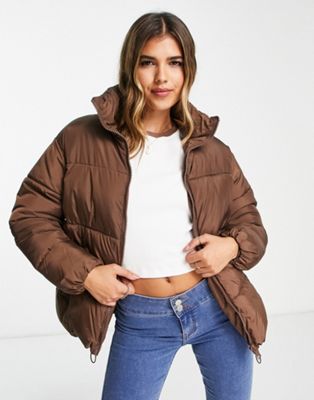 New Look boxy padded zip up coat in chocolate - ASOS Price Checker