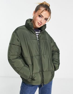 New Look boxy padded zip up coat in khaki - ASOS Price Checker