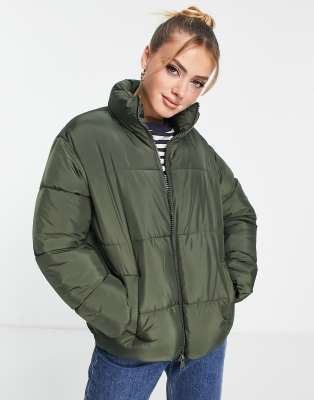 New Look Boxy Padded Zip Up Coat In Khaki-green