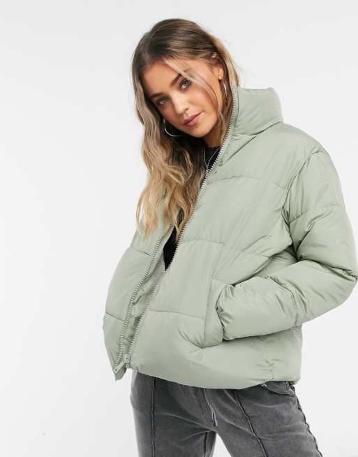 Sage Green Peach Skin Cropped Bubble Puffer Jacket ...