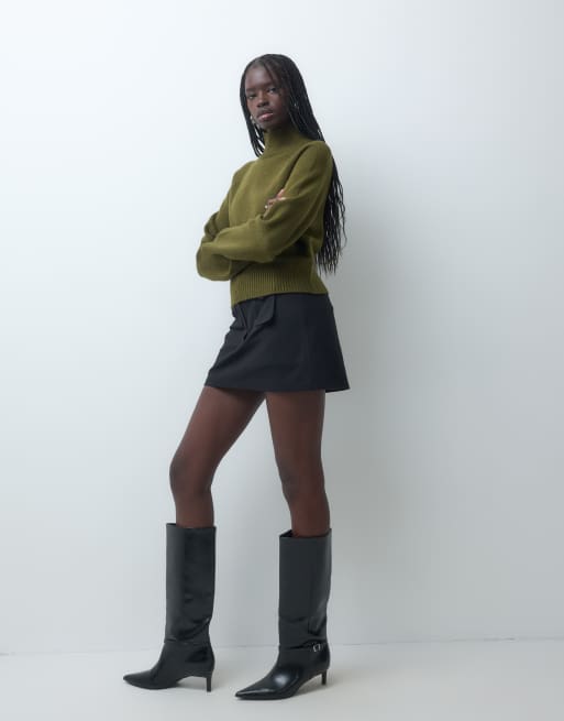 New Look boxy stand neck jumper in dark khaki, 2 of 5