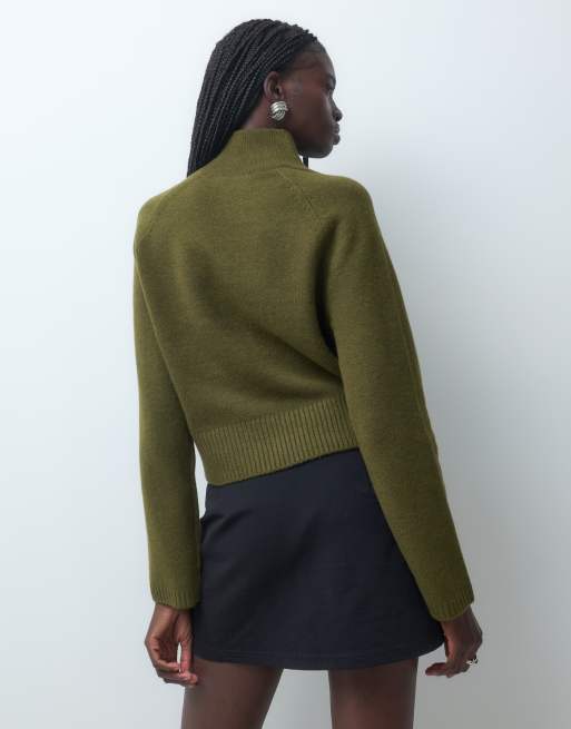 New Look boxy stand neck jumper in dark khaki, 3 of 5