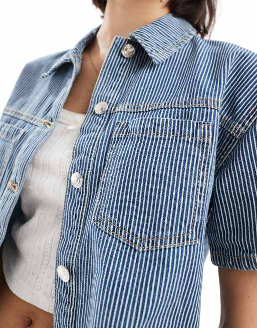 New Look boxy stripe denim shirt in blue (part of a set), 3 of 4