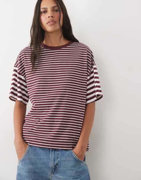 New Look boxy tee in burgundy mixed stripe - view 1
