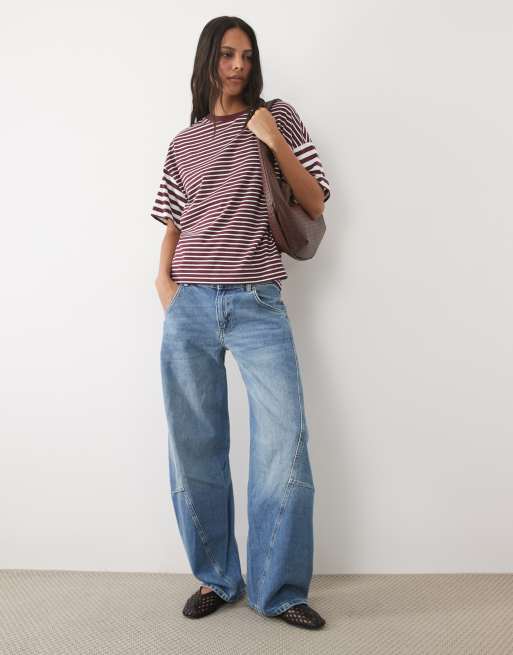New Look boxy tee in burgundy mixed stripe, 2 of 4