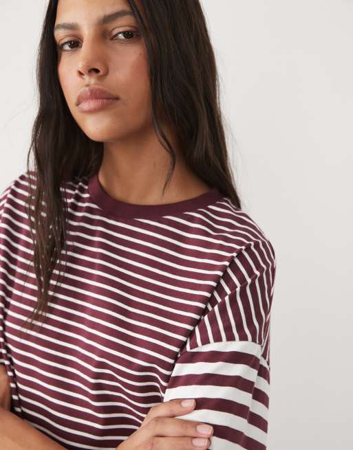 New Look boxy tee in burgundy mixed stripe, 3 of 4