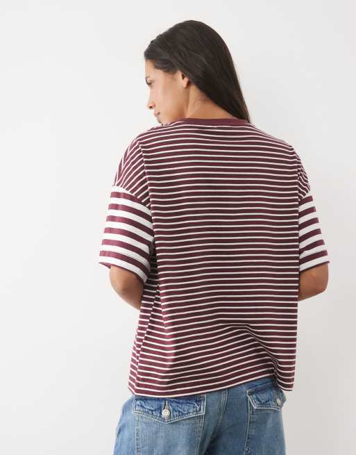 New Look boxy tee in burgundy mixed stripe, 4 of 4